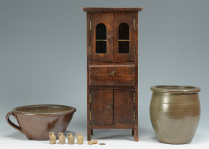 Lot 694: TN Miniature Cupboard & 2 Pcs. TN Pottery