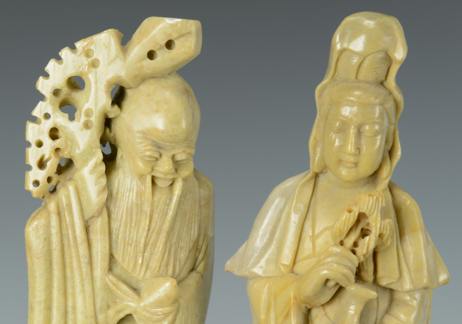 Lot 736: Pr Chinese Soapstone Lohan Figures, Jar, Censer