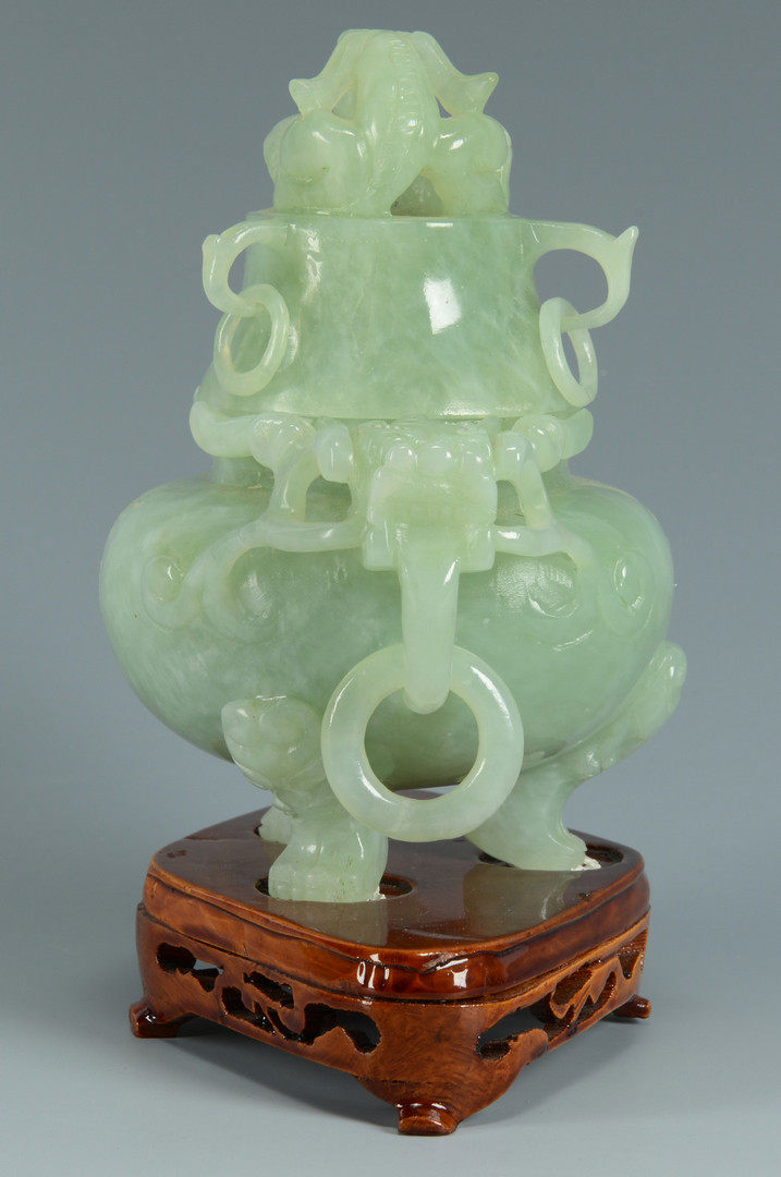Lot 736: Pr Chinese Soapstone Lohan Figures, Jar, Censer