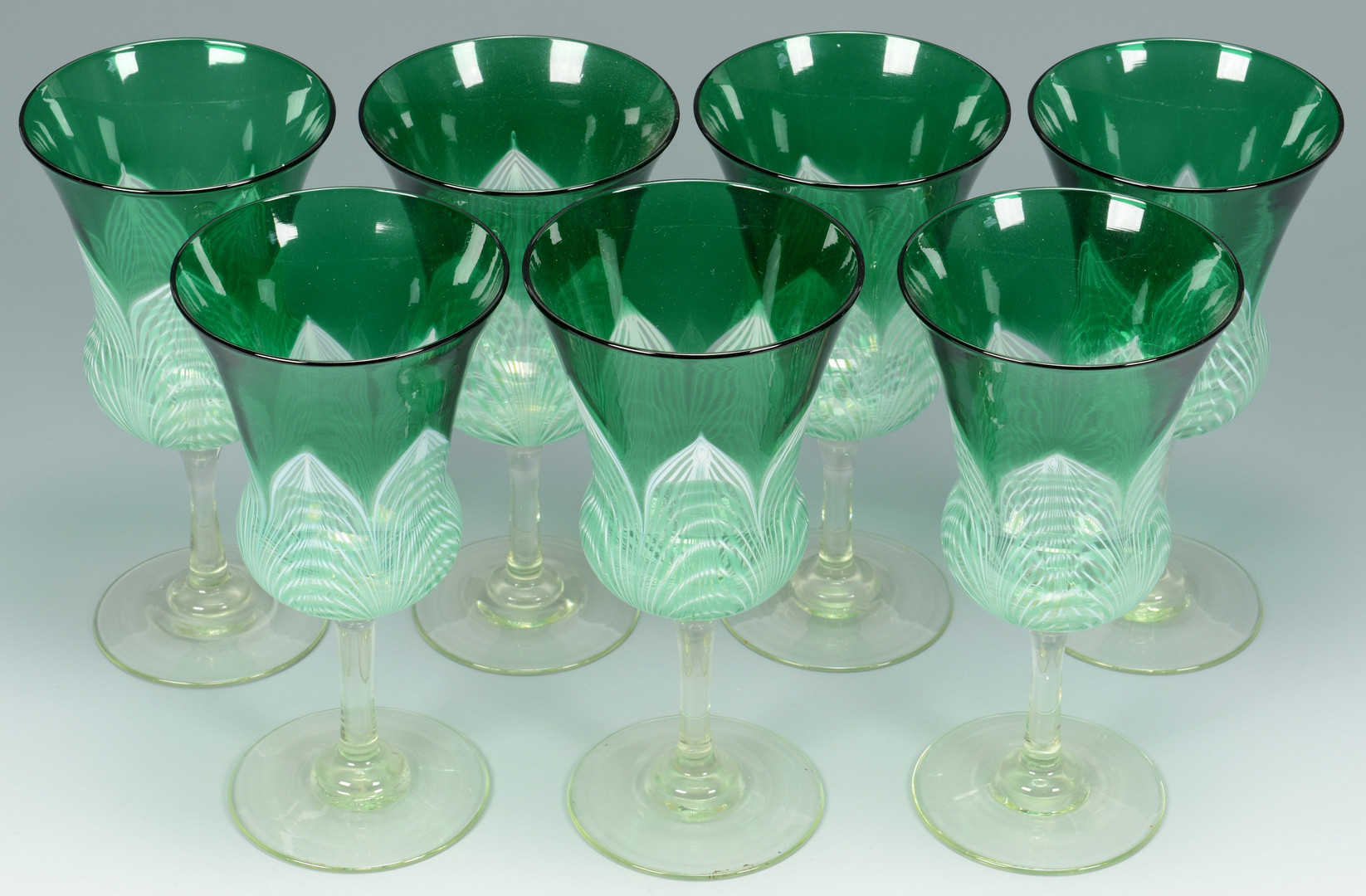 Lot 122: 7 Durand Peacock Feather Goblets
