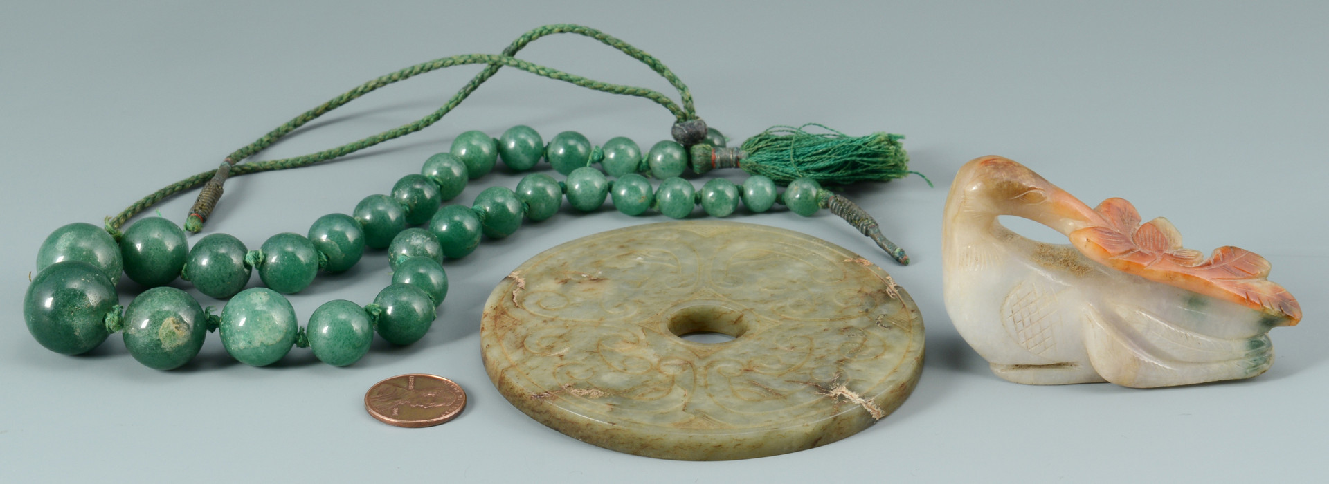 Lot 14: 3 Chinese Jade Items: Stork, Beads, Disc