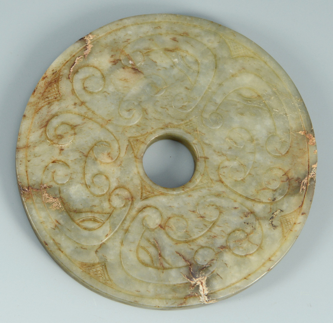 Lot 14: 3 Chinese Jade Items: Stork, Beads, Disc