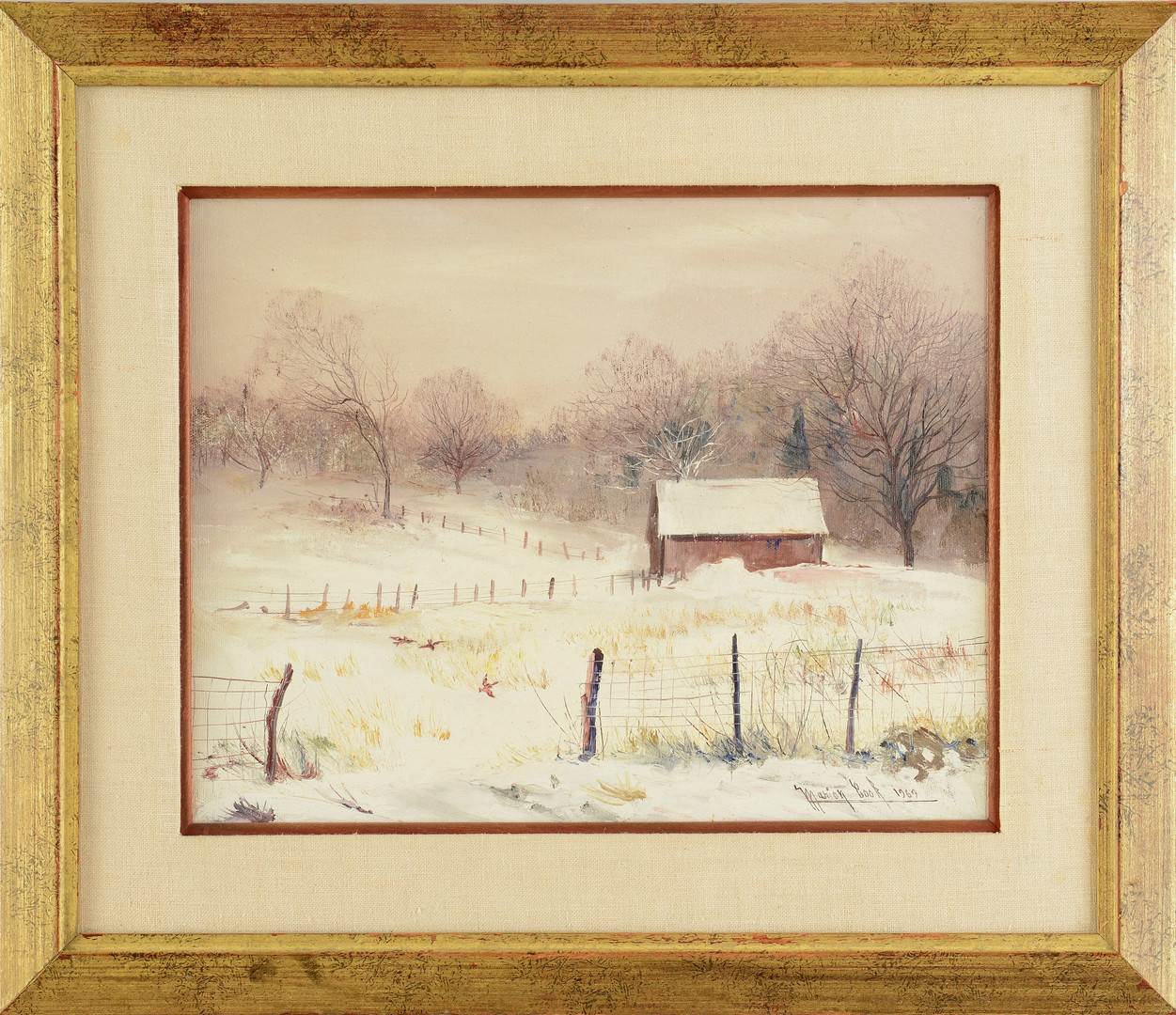 Lot 189: Marion Cook o/c, barn in snow