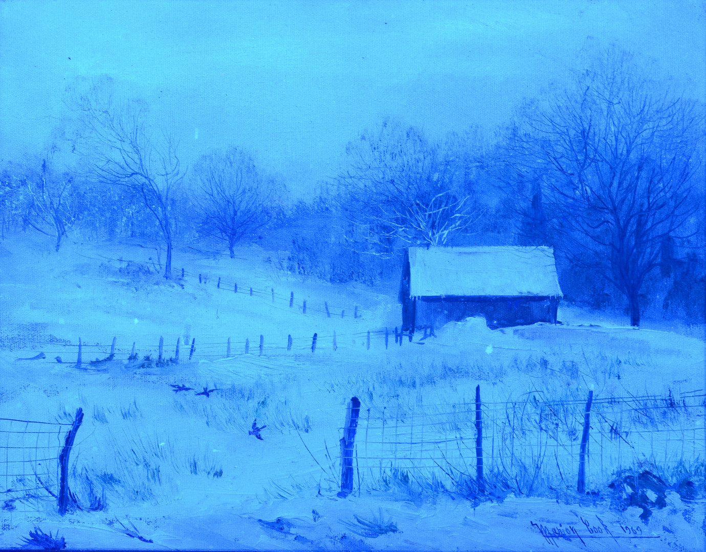Lot 189: Marion Cook o/c, barn in snow
