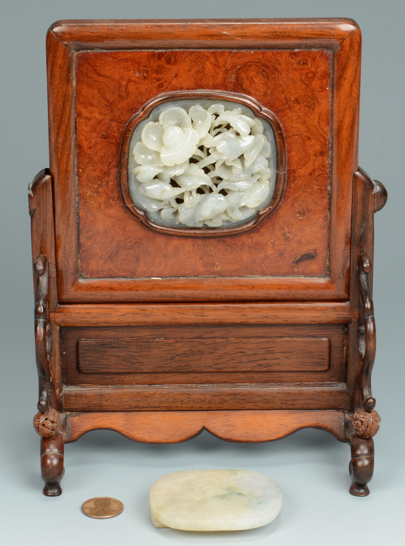Lot 1: Chinese White Jade Table Screen + Buckle