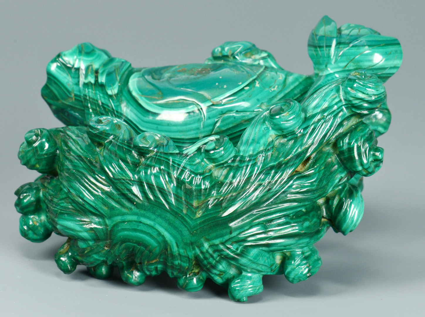 Lot 20: Malachite Libation Cup w/ Frog & Floral Carving