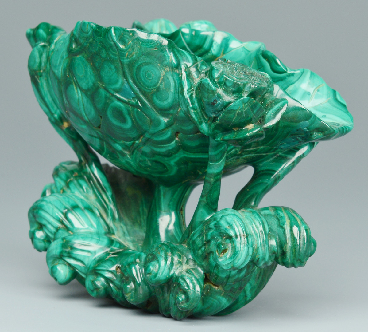 Lot 20: Malachite Libation Cup w/ Frog & Floral Carving