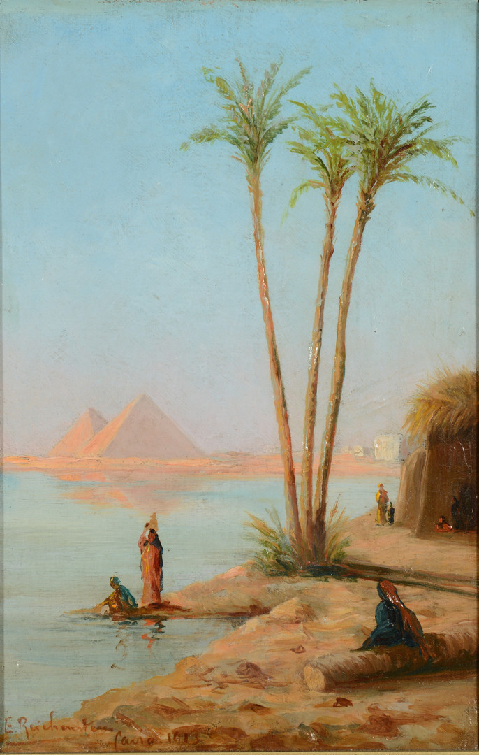 Lot 226: Orientalist o/c w/pyramids, 1913