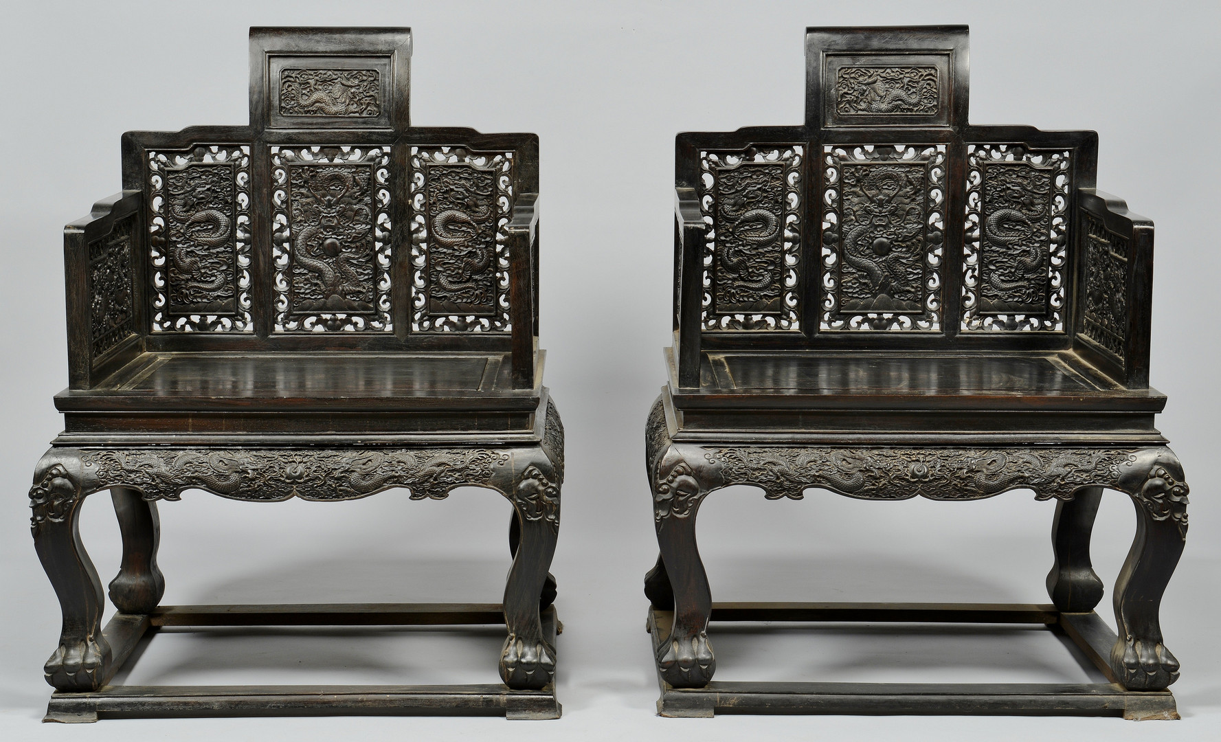 Lot 32: Pair of Chinese Hardwood Throne Form Armchairs, Modern