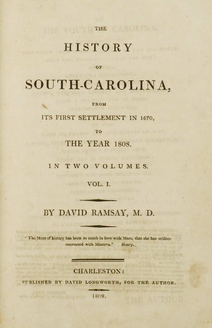 Lot 38: Ramsay, David. History of SC from Its First Settle