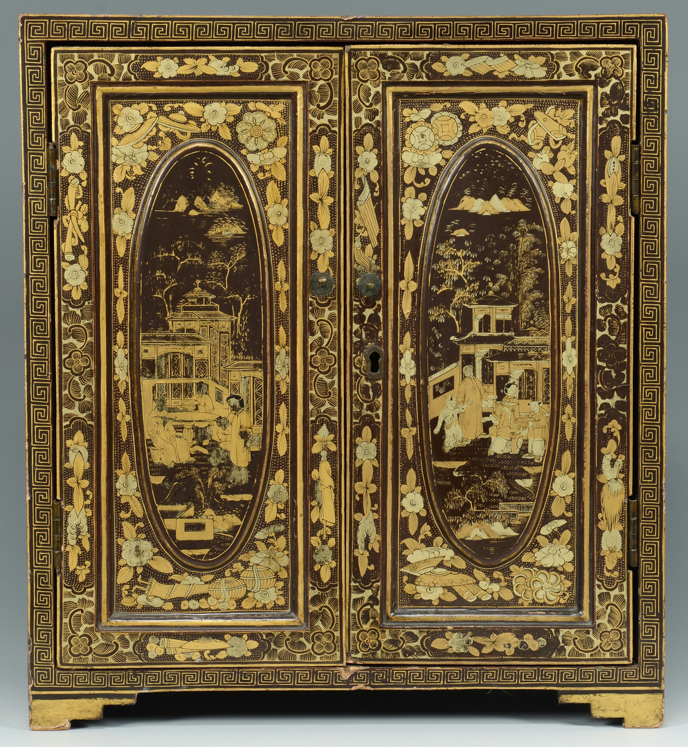 Lot 472: Chinese Export Lacquer Cabinet w/ Court Scenes