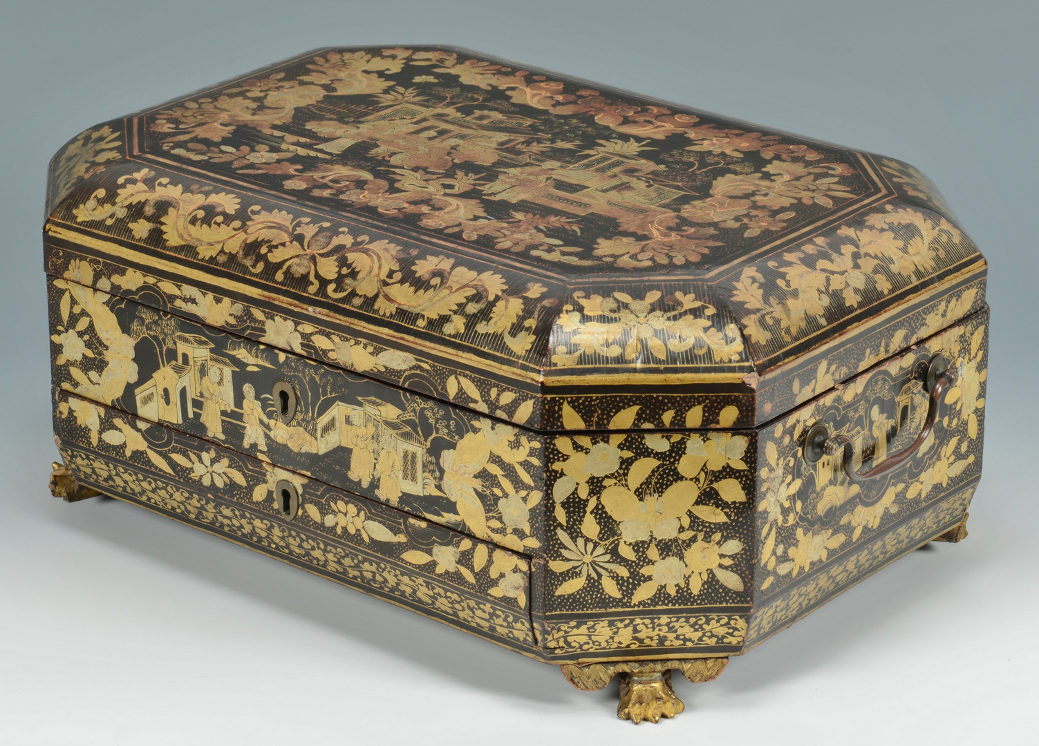 Lot 473: Gilt Lacquer Chinoiserie Sewing Box with Contents