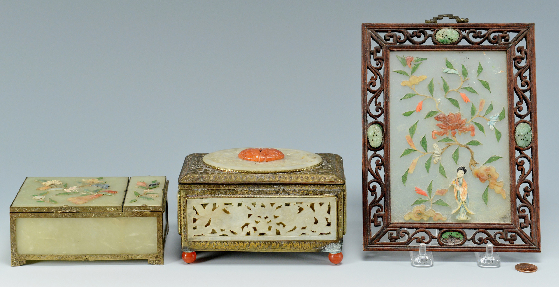 Lot 481: Jade Table Screen & 2 Jade Boxes