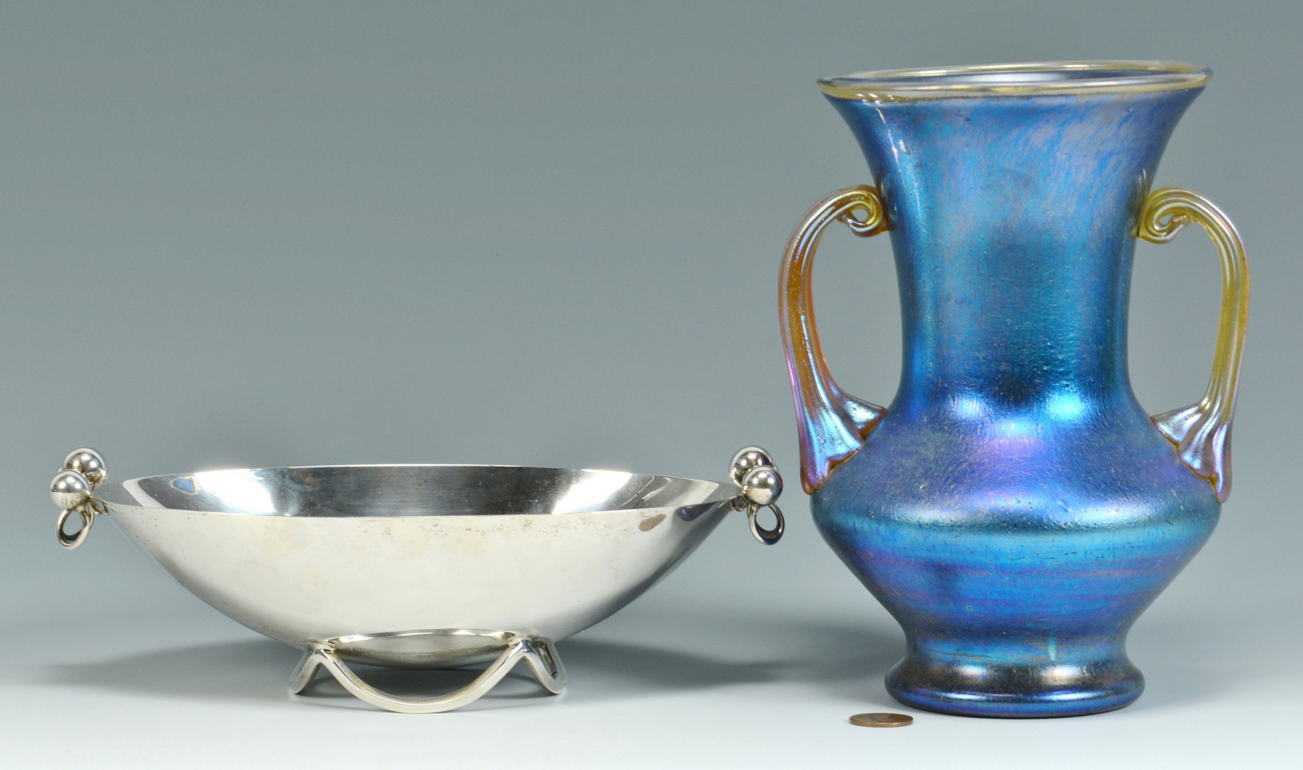 Lot 582: Sciarrotta Silver Bowl & Czech Art Glass Vase