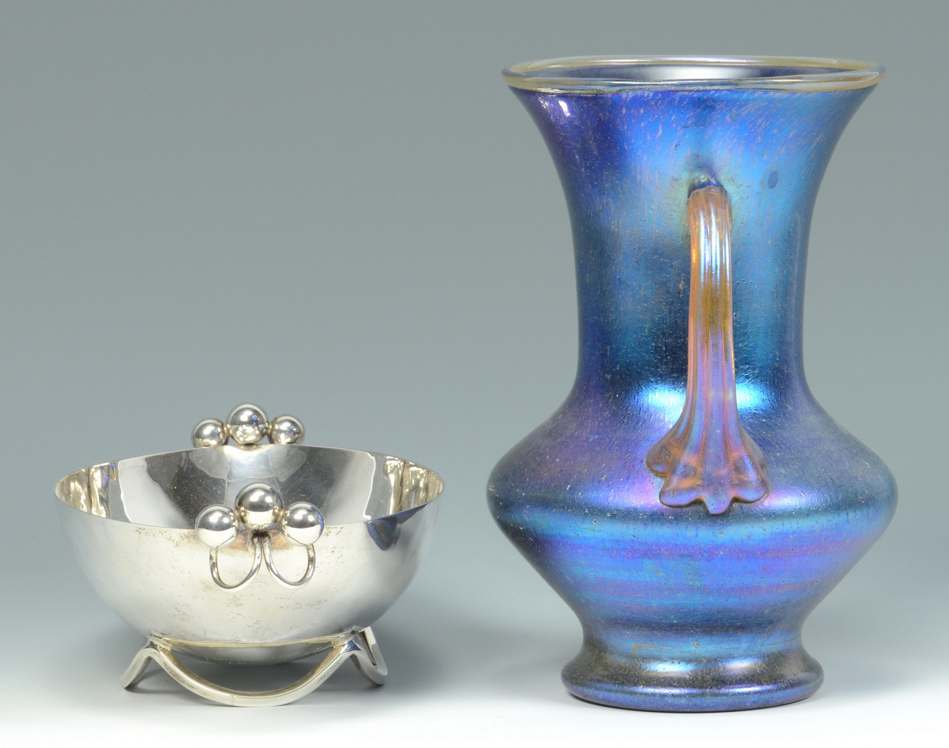 Lot 582: Sciarrotta Silver Bowl & Czech Art Glass Vase