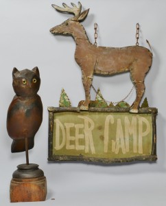 Lot 608: T. Ward Owl Decoy & Camp Sign