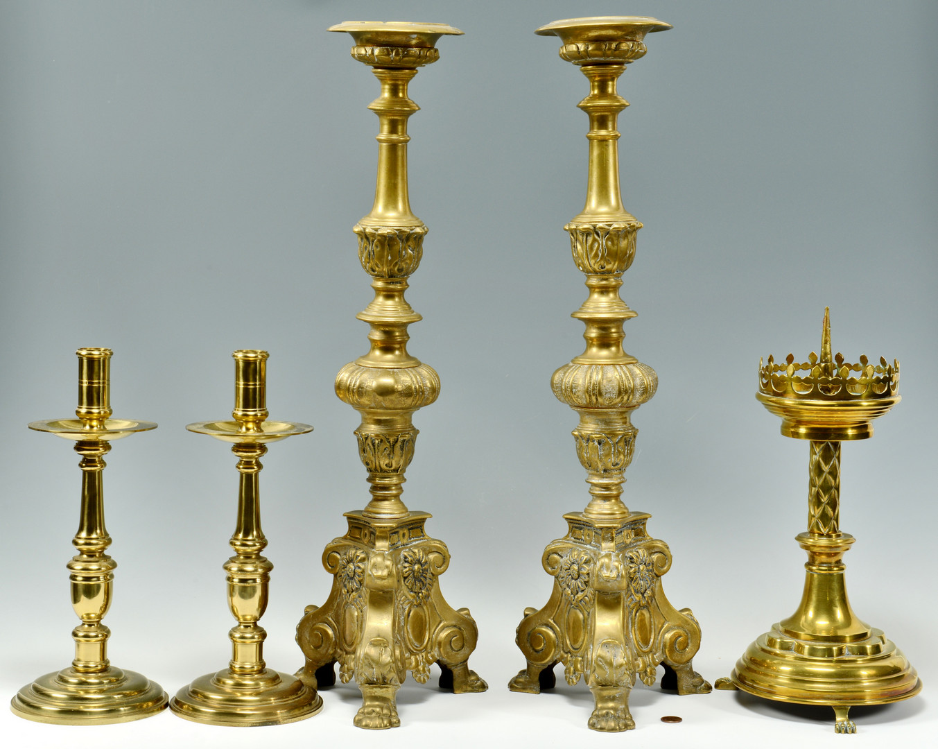 Lot 704: 5 Tall Brass Candlesticks