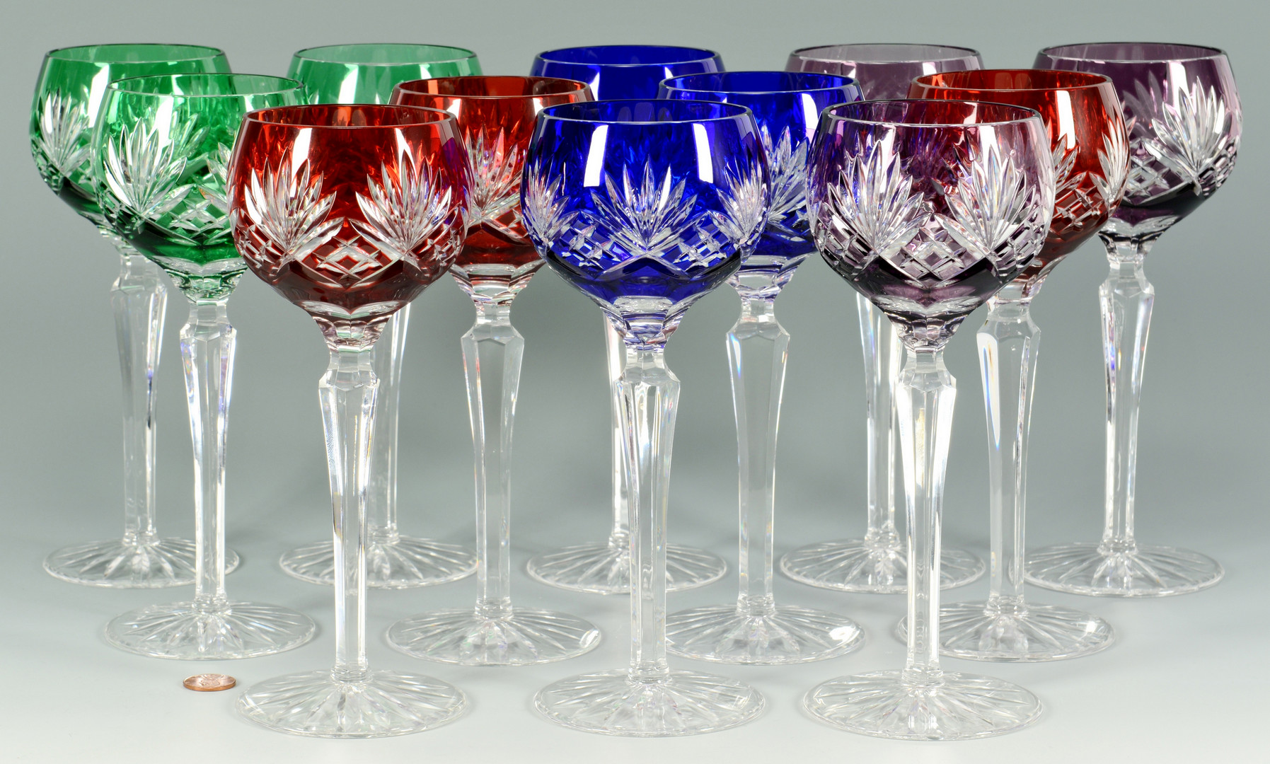 Lot 879: 12 Colored Crystal Wine Goblets