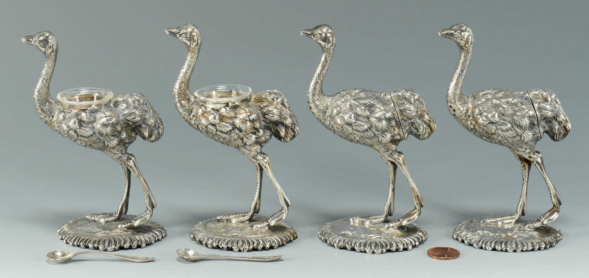 Lot 90: 4 Silver Ostrich Salts inc Shakers
