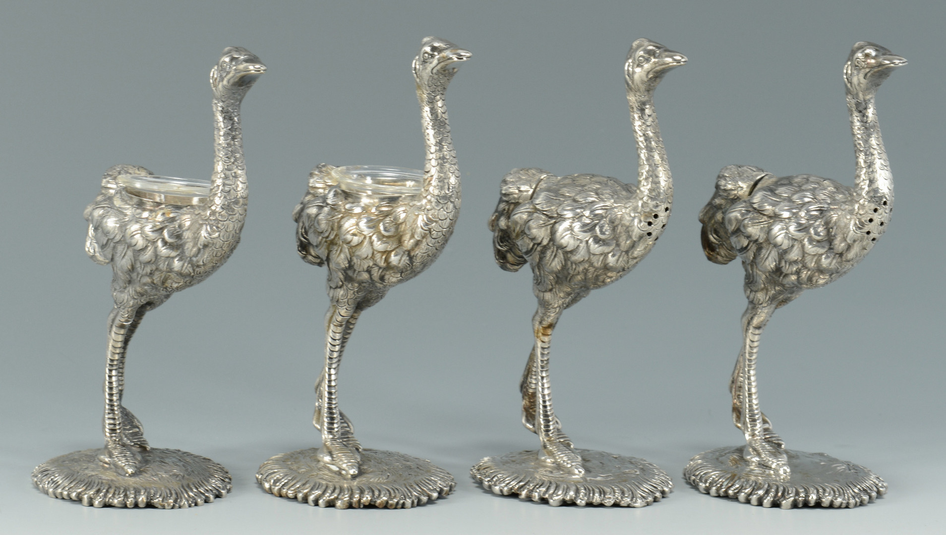 Lot 90: 4 Silver Ostrich Salts inc Shakers