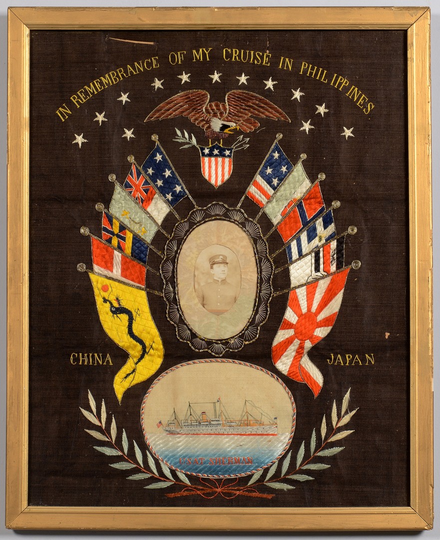 Lot 187: 2 Great White Fleet Embroidered Pictures, USAT Sherman & Logan