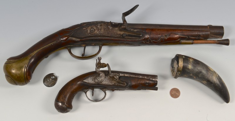 Lot 191: 2 Continental Flintlock Pistols, Powder Horn