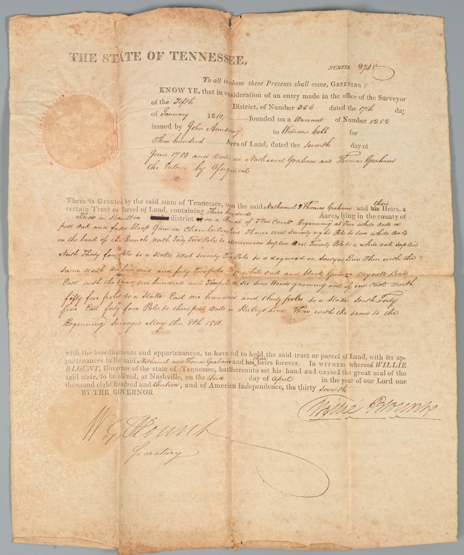 Lot 206: Early Knox Co., TN document archive relating to TN Militia, Gov. signed item