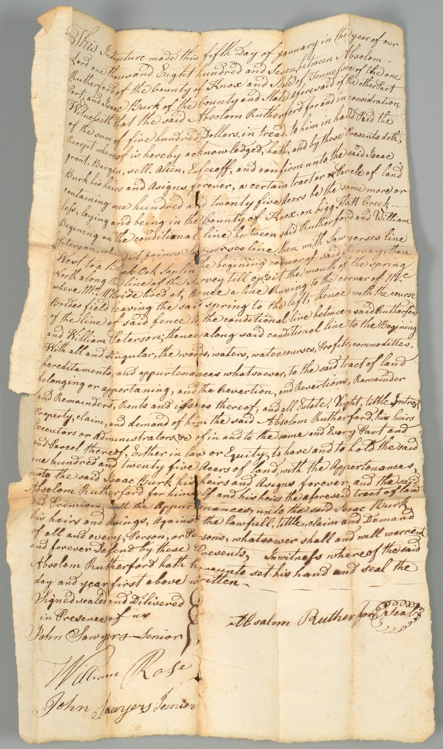 Lot 208: Early Knox Co. document archive relating to Stockley Donelson, 18th cent.