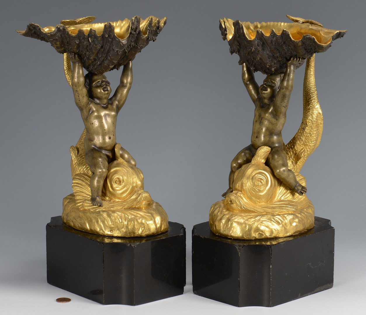 Lot 218: Pr. Bronze Sculptures w/ Cherubs & Shells