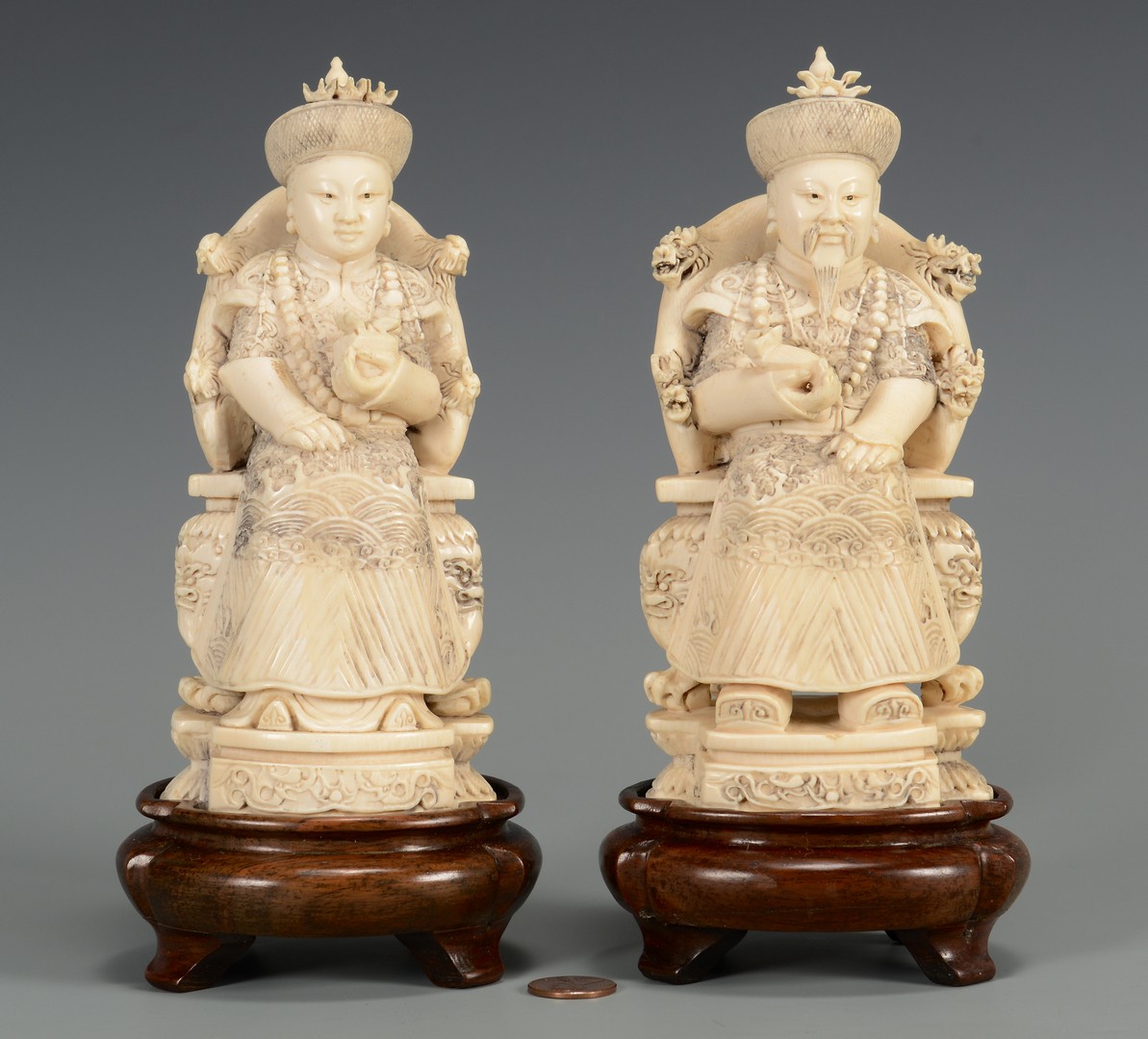 Lot 21: Pr. Chinese Carved Ivory Figures, Emperor & Empress