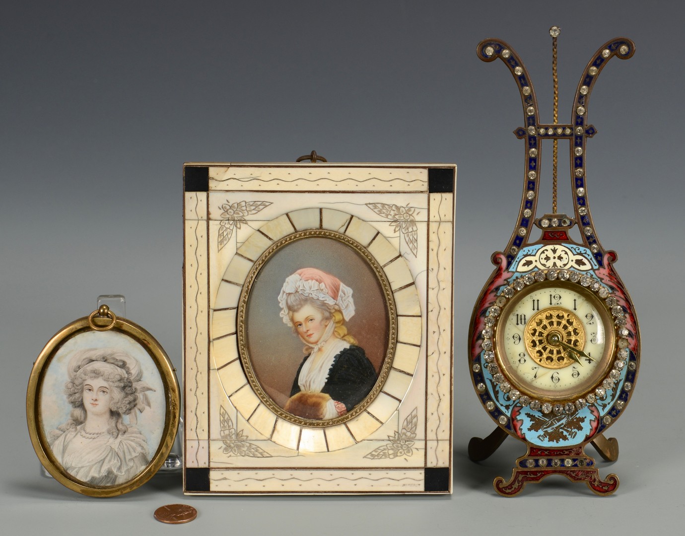 Lot 256: Miniature portraits, clock, and textile, 4 items
