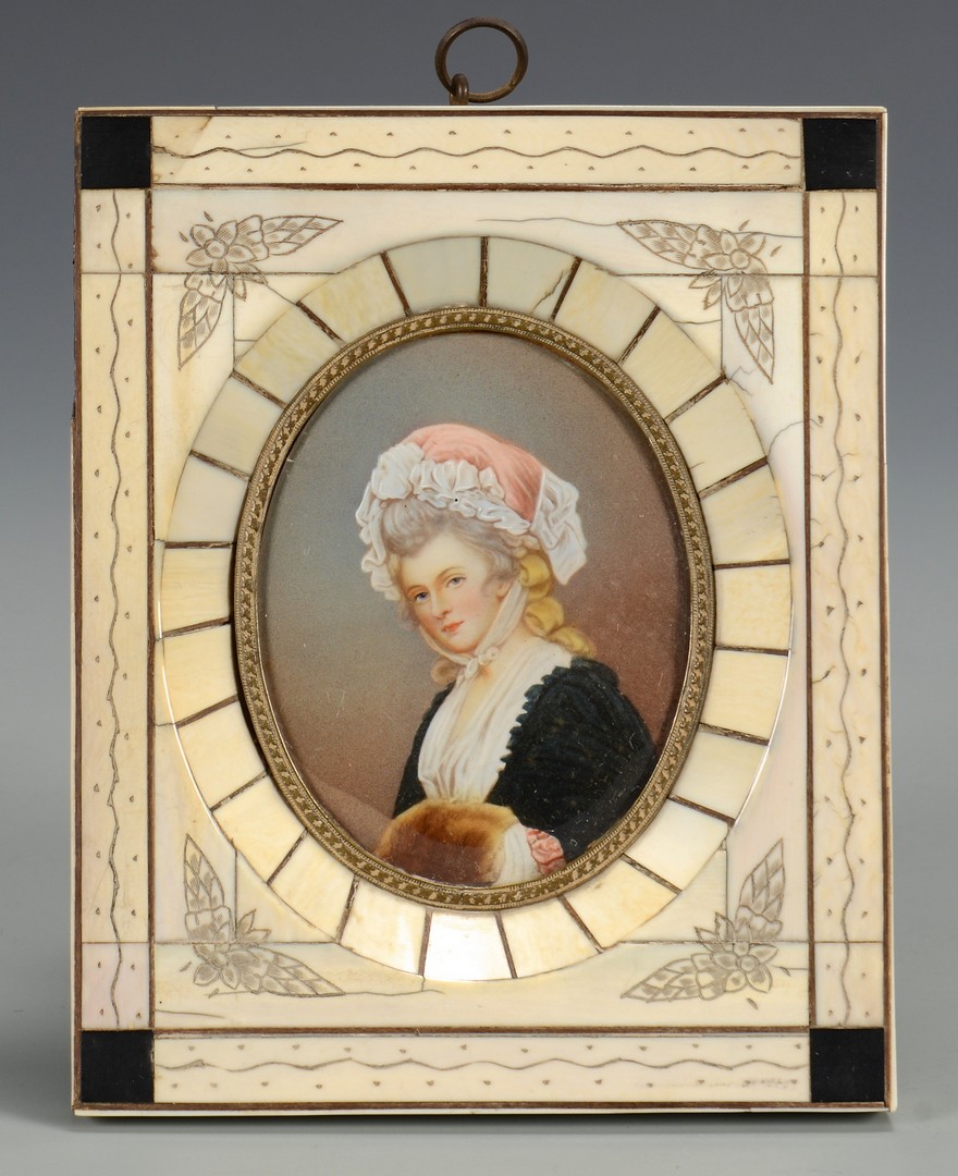 Lot 256: Miniature portraits, clock, and textile, 4 items