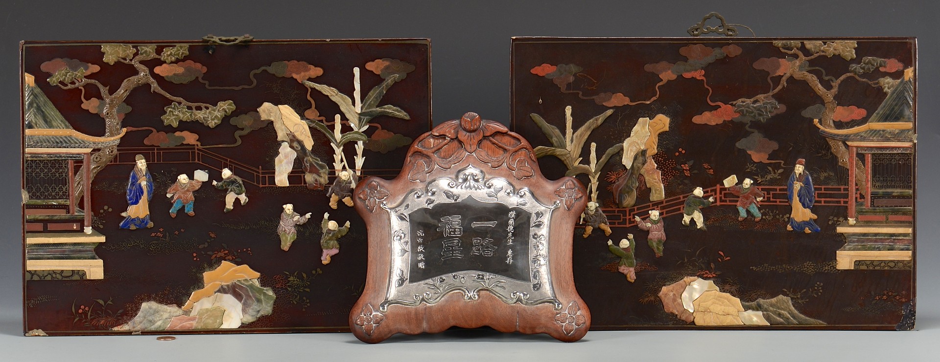 Lot 362: Chinese Inlaid Panels & Silver Plaque