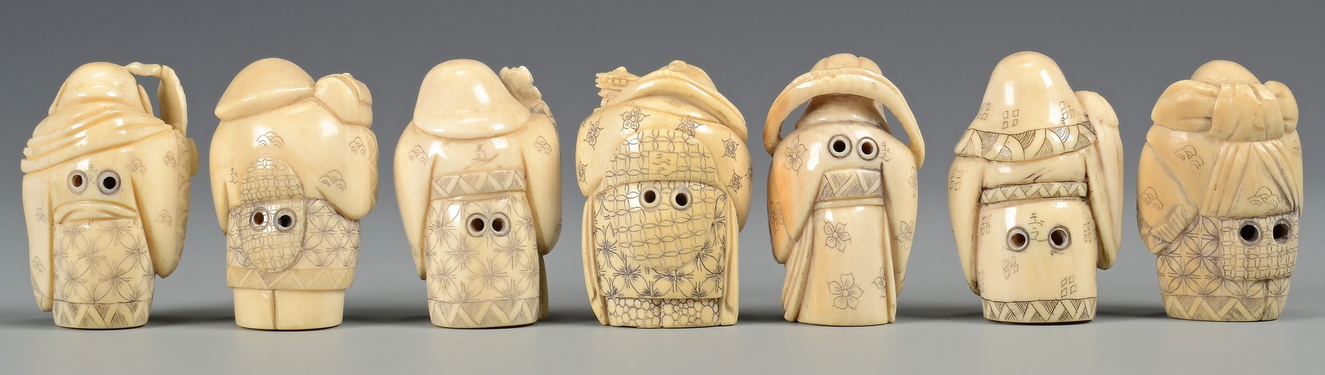 Lot 373: 7 Ivory Immortals & Lacquer Fruit