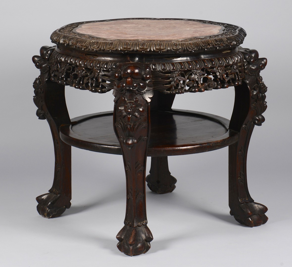 Lot 377: Pair Chinese Carved Low Tables w/ Marble Insets