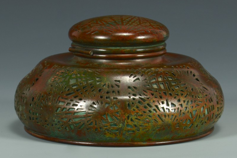 Lot 39: Tiffany Bronze & Glass Inkwell, Pine Needle Pattern