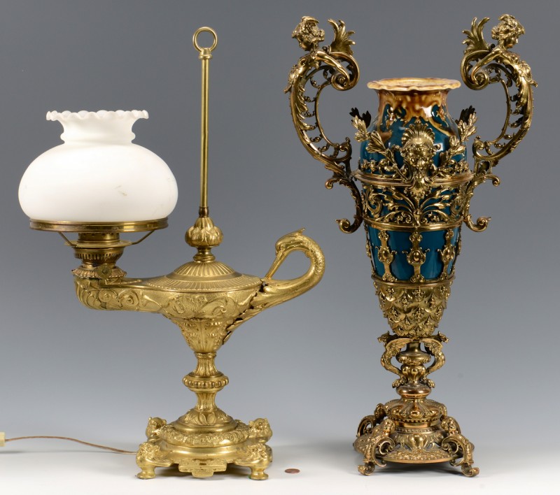 Lot 448: Bronze Genie lamp and mounted vase