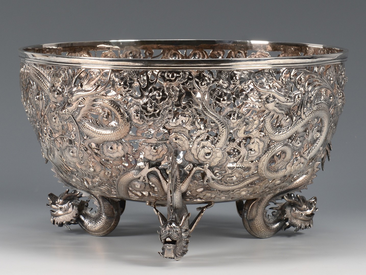 Lot 4: Large Chinese Export Silver Dragon Bowl