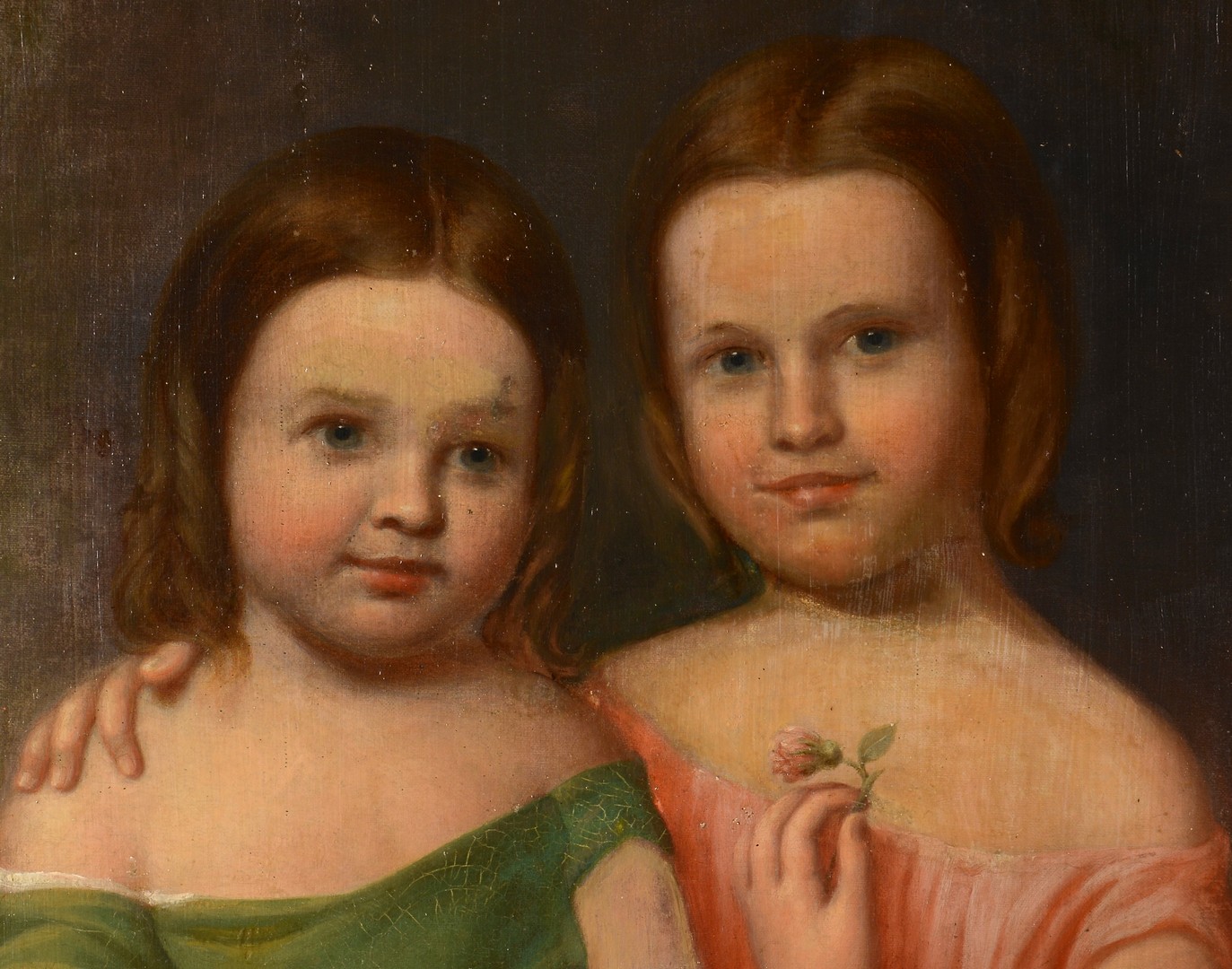 Lot 537: Oval Oil on Portrait of 2 Young Girls w/ Flowers