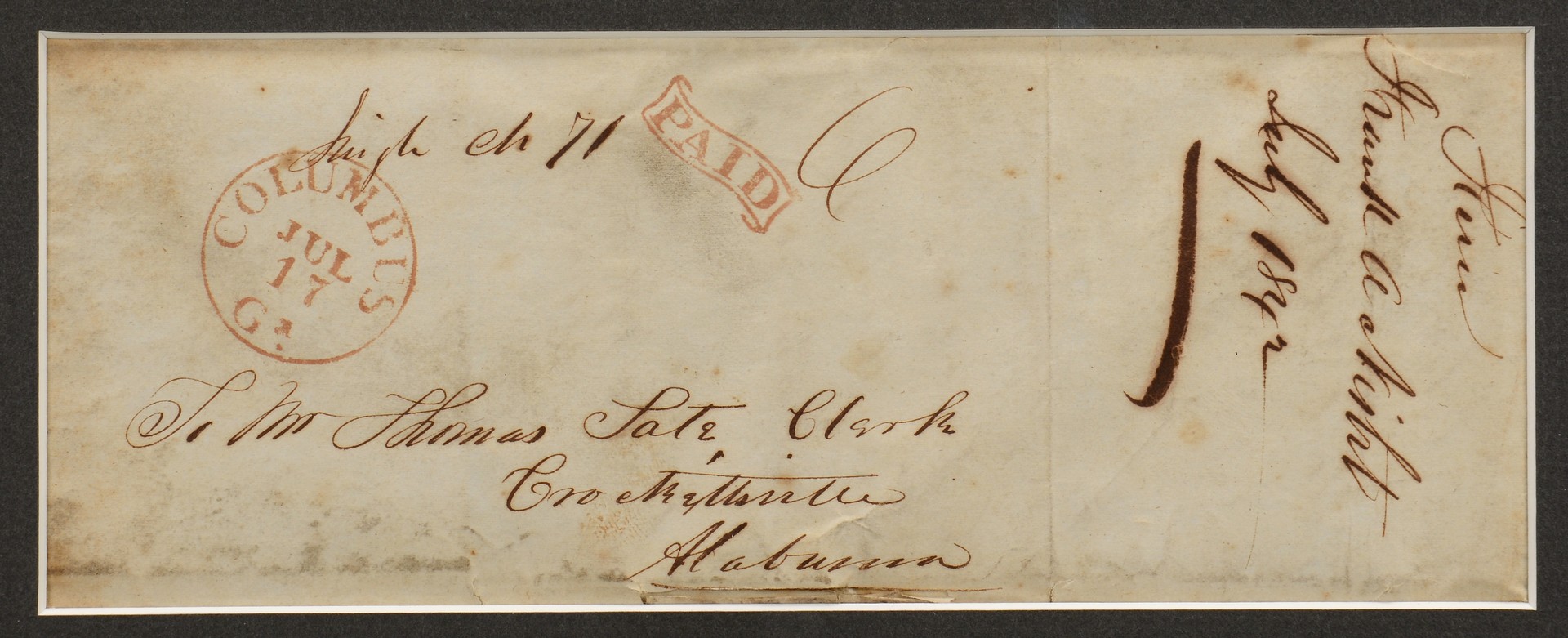 Lot 559: Columbus GA Postmarked Covers 1842-44 & Civil War Pass