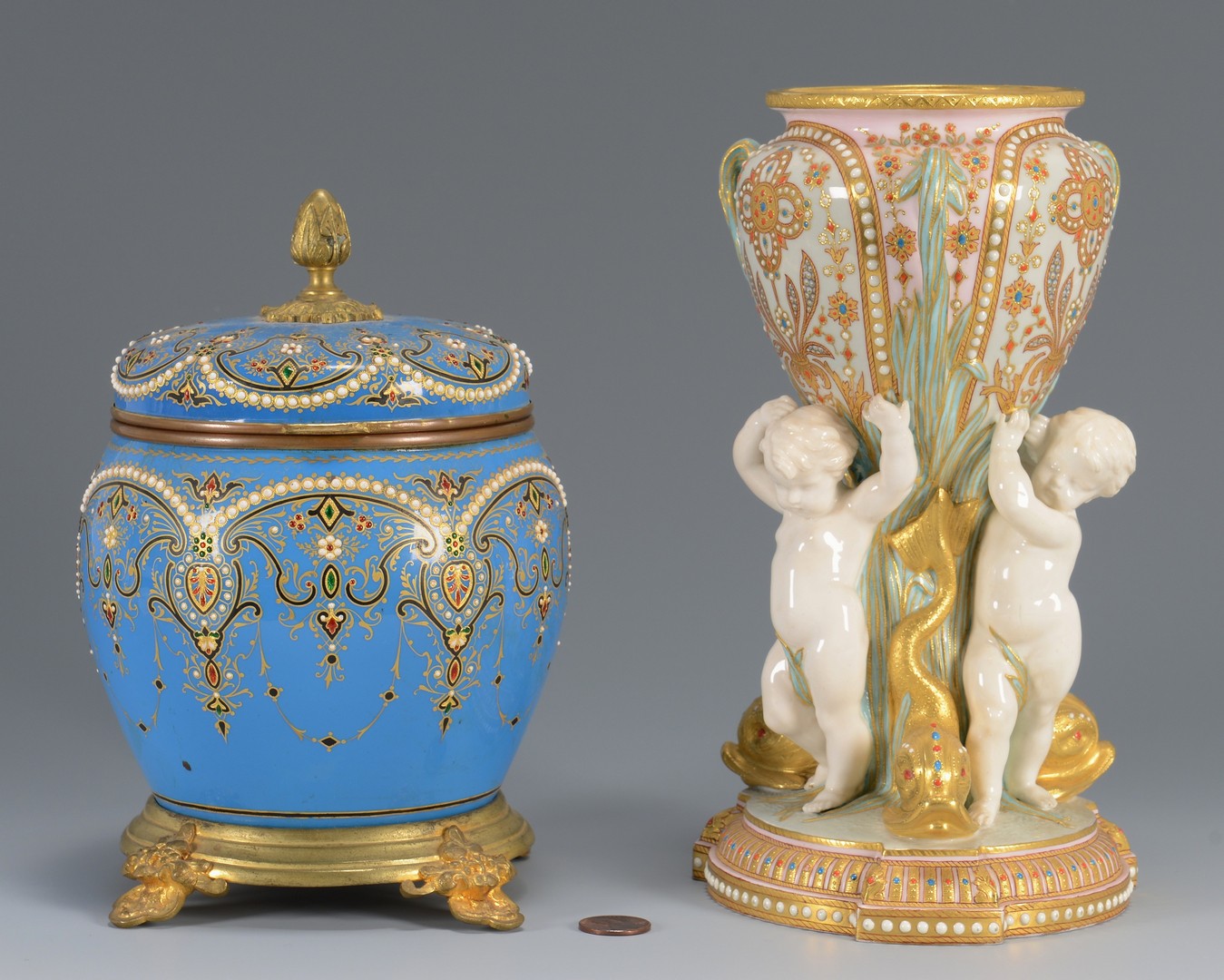 Lot 613: European jeweled porcelain and glass vase and jar
