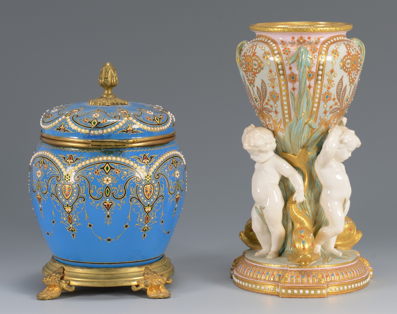 Lot 613: European jeweled porcelain and glass vase and jar