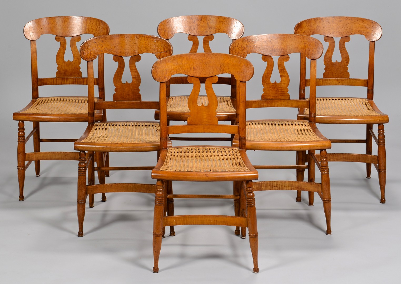 Lot 635: Set of 6 Sheraton Tiger Maple Chairs