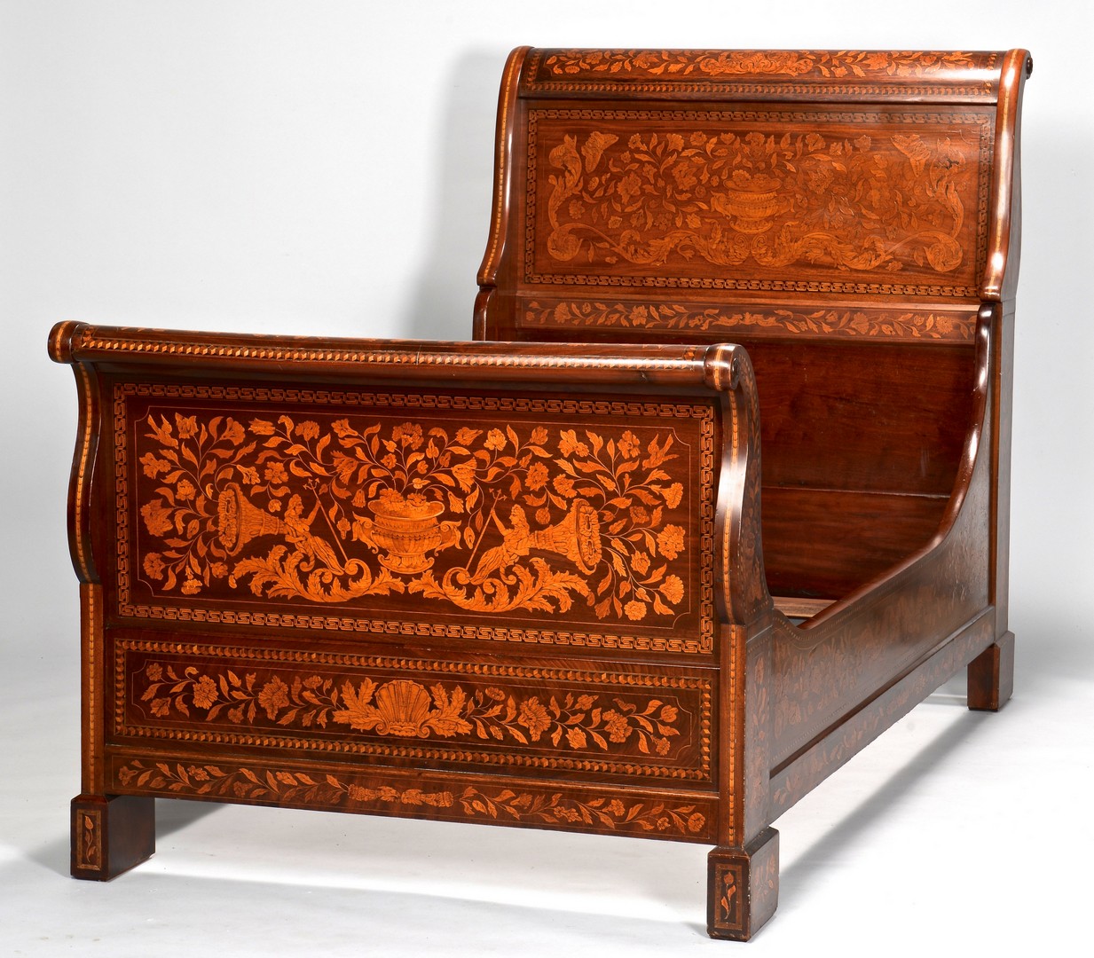 Lot 638: Continental Inlaid Sleigh Bed, Twin Size