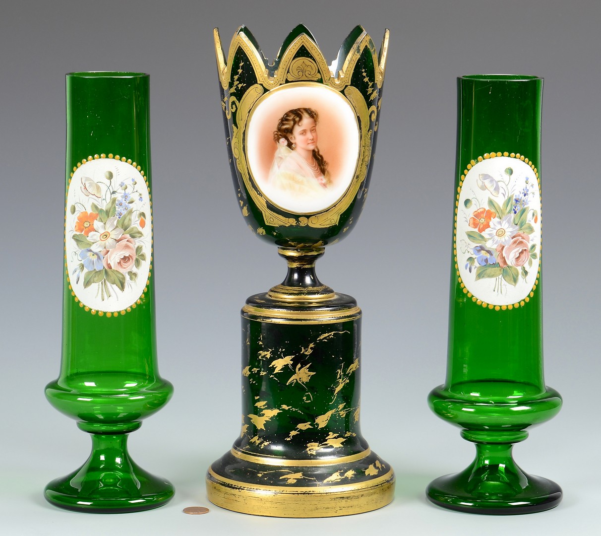 Lot 651: Bohemian Glass Portrait Compote & Pr. of Vases