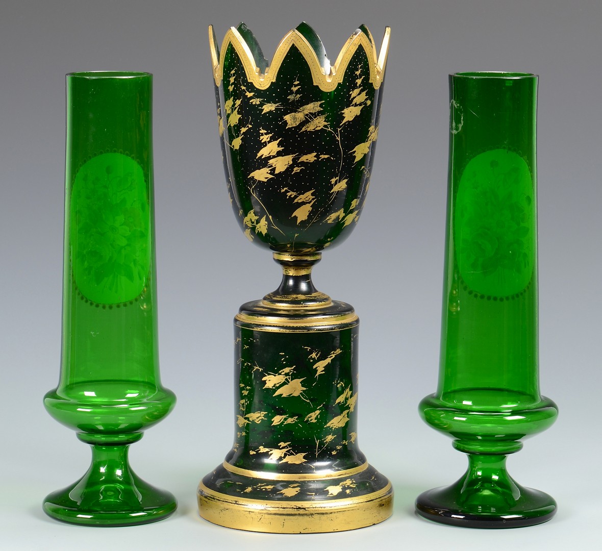 Lot 651: Bohemian Glass Portrait Compote & Pr. of Vases