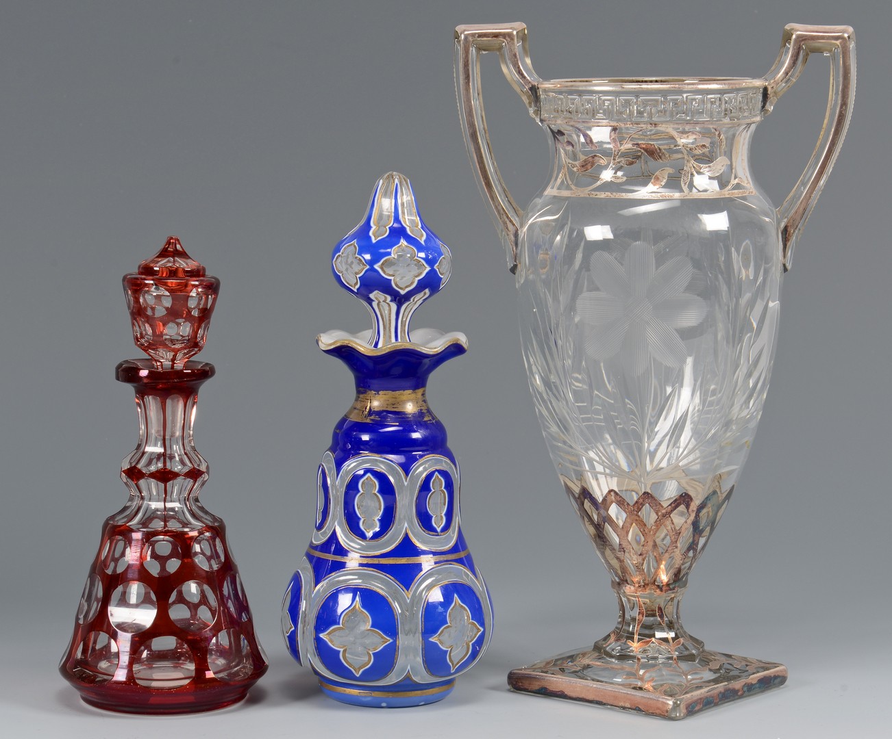Lot 652: 5 Pcs Glass: Perfume Bottles, Vase, Candlesticks