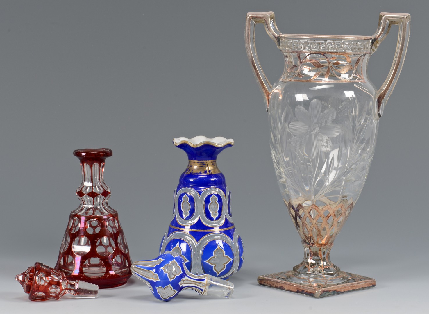 Lot 652: 5 Pcs Glass: Perfume Bottles, Vase, Candlesticks
