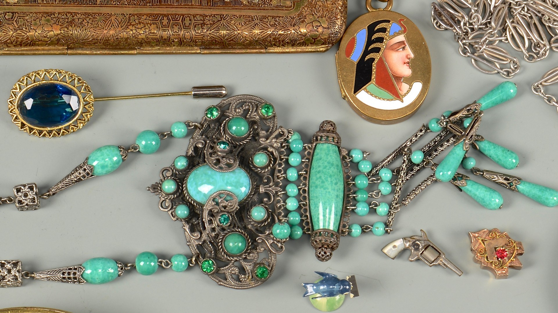 Lot 667: Assorted Vintage Jewelry, Buckles and Cases