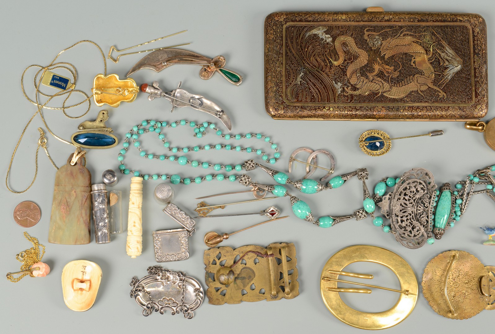 Lot 667: Assorted Vintage Jewelry, Buckles and Cases